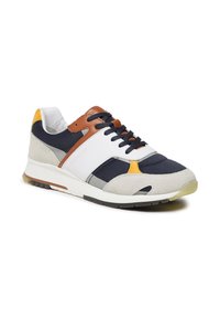 Tume sinine ja hall võrgusilmaga tossud, millel on seemisnahast varvas, valged nahast aktsendid, oranžid ja kollased rõhutused ning must kummipadi.