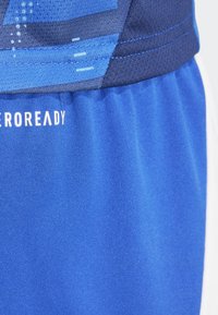 Plave sportske kratke hlače napravljene od glatkog, prozračnog materijala. Imaju tamnoplav pojas i bijele akcentne detalje s natpisom "PROREADY" u podebljanom bijelom tekstu.