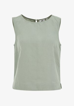 Kerged käised valge rohelise tooni top, mis on valmistatud pehmest, tekstureeritud kangast. Ümmargune kaelus, selja taga võtmeaugu sulgemisega ja külgedel lõhed hemmi juures.