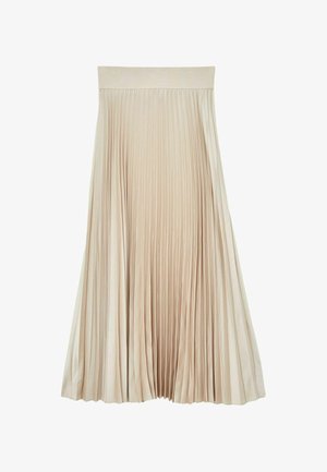 Falten A-Linien-Rock aus weichem beige Stoff. Mit hoher Taille und vertikalen Falten, die eine fließende Silhouette kreieren. Glatte Textur über die gesamte Fläche.