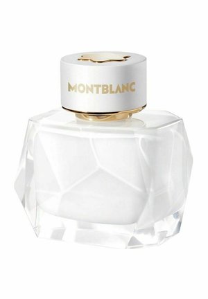 Transparent facetteret Montblanc parfume flaske med hvid og guldkapsel med mærkenavnet på en hvid baggrund.