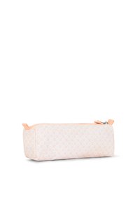 Astuccio con zip realizzato in tessuto con un motivo geometrico rosa chiaro e dettagli arancioni. Ha una forma rettangolare e un fondo piatto.