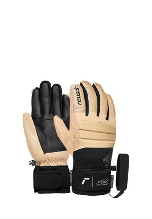 Pair of tan and black insulated gloves with wrist straps, textured grip, and brand name "Reusch" on one glove's back.