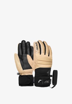 Pair of tan and black insulated gloves with wrist straps, textured grip, and brand name "Reusch" on one glove's back.
