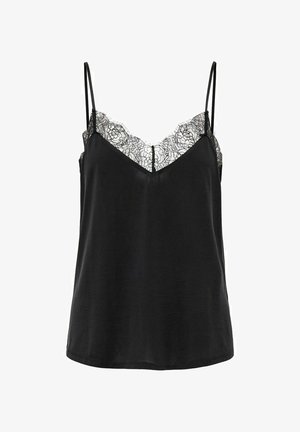 Černá tílko s nastavitelnými ramínky a jemným krajkovým lemem kolem výstřihu, hladký materiál s uvolněným střihem.