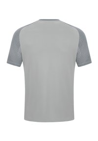 Camicetta grigia chiara a maniche corte con una texture liscia, caratterizzata da accenti a righe sulle spalle e sulla schiena. Design con scollo rotondo.