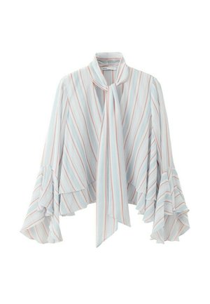 Blusa azul claro con rayas verticales en tonos pastel, mangas largas con volantes acampanados, cuello alto y un detalle de lazada larga en el frente.