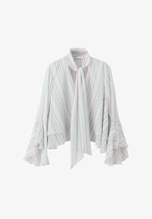 Blusa azul claro con rayas verticales en tonos pastel, mangas largas con volantes acampanados, cuello alto y un detalle de lazada larga en el frente.