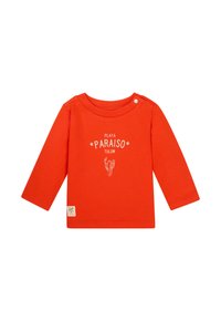 Helles oranges Langarmshirt mit rundem Halsausschnitt, das den Text "PLAYA PARAISO TULUM" und eine Kakteen-Grafik in Weiß zeigt. Druckknopfverschluss an der Schulter.