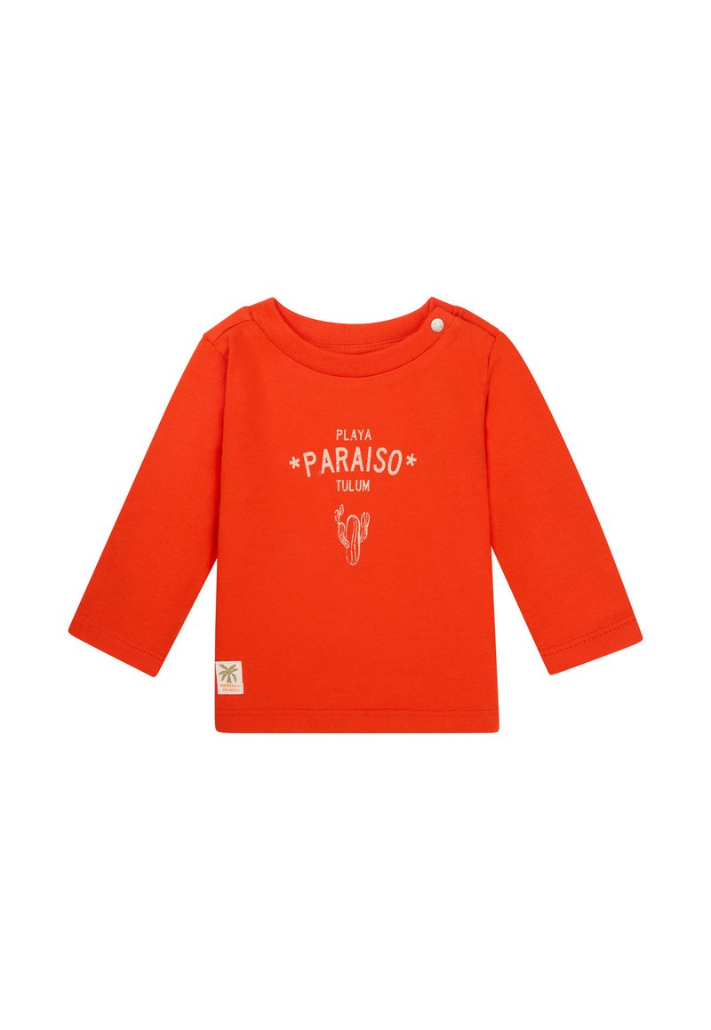 Helles oranges Langarmshirt mit rundem Halsausschnitt, das den Text "PLAYA PARAISO TULUM" und eine Kakteen-Grafik in Weiß zeigt. Druckknopfverschluss an der Schulter.