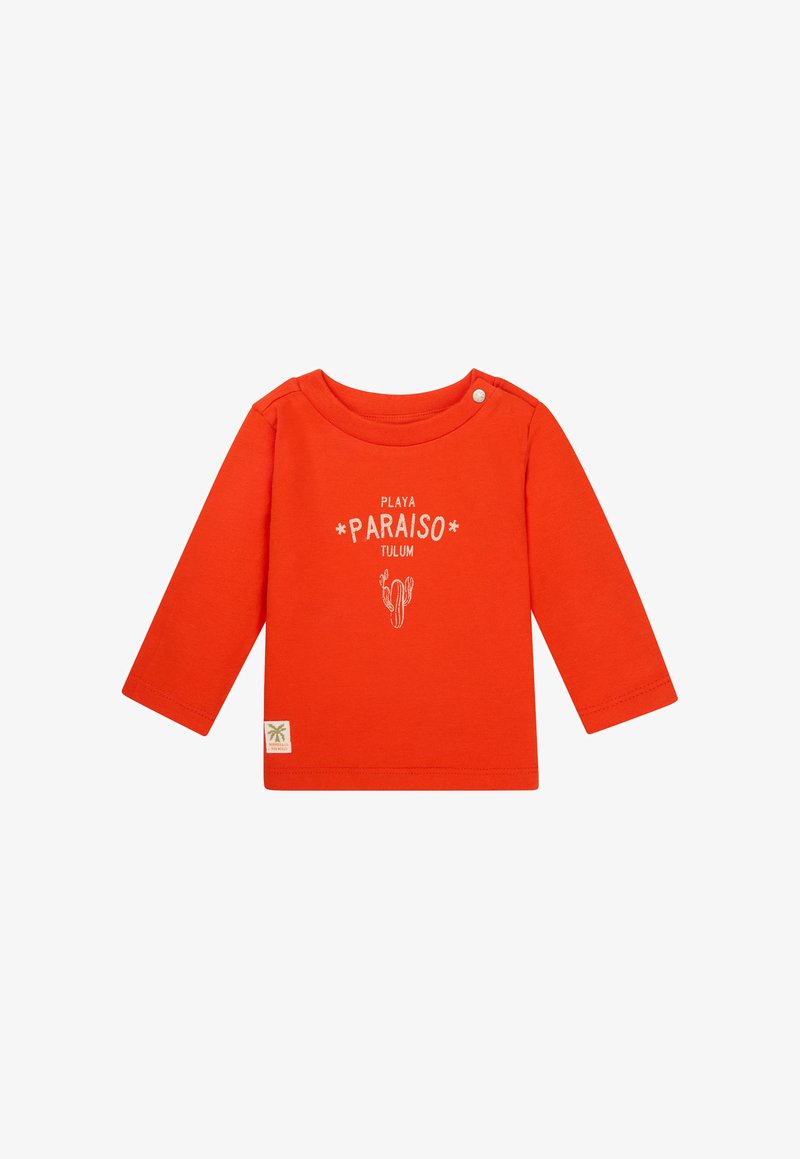 Helles oranges Langarmshirt mit rundem Halsausschnitt, das den Text "PLAYA PARAISO TULUM" und eine Kakteen-Grafik in Weiß zeigt. Druckknopfverschluss an der Schulter.