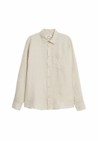Beige linnen overhemd met lange mouwen, een kraag halslijn, knopen aan de voorkant en een enkele borstzak. Zachte, lichte textuur.