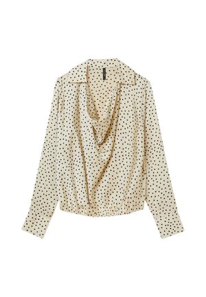 Blusa con collo a cowl in tessuto crema con pois neri, maniche lunghe e vita arricciata per una vestibilità rilassata.