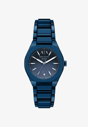Blå Armani Exchange armbåndsur med metalleddet bånd, rund urskive, sølvfarvede timemarkører og tre visere, der viser 10:10:37.