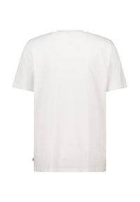 T-shirt en coton blanc avec un col rond standard, des manches courtes et un ourlet droit. Texture lisse, sans motifs ni accents.
