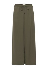 Olive green wide-leg trousers with a soft texture, elastic waistband, adjustable drawstring, and no visible patterns or accents.