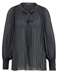 Czarna plisowana bluzka z długimi, bufkami rękawami i wiązaniem przy dekolcie. Wykonana z lekkiego materiału o fakturowanej powierzchni.