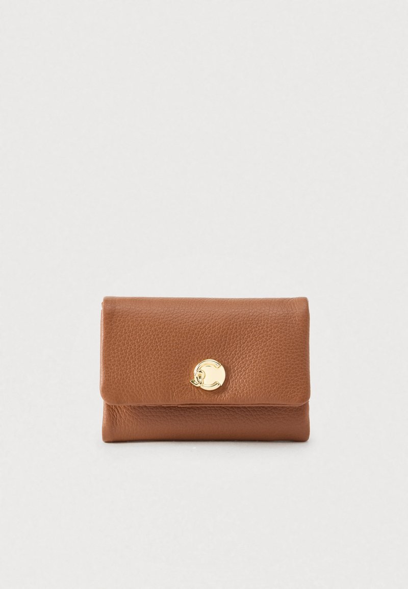 Brown textured leather wallet with a gold circular clasp, folded and set against a plain light gray background.