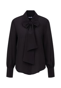 Schwarze Bluse aus glattem Stoff mit einer Schleife am Kragen, langen Ärmeln mit Manschetten und einem leicht abgerundeten Saum.