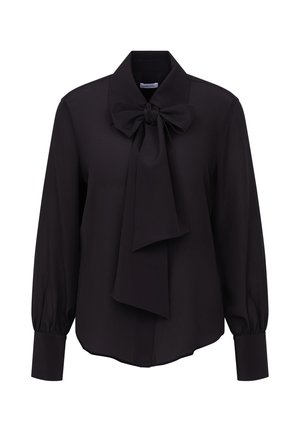 Zwarte blouse van gladde stof met een strik bij de kraag, lange mouwen met manchetten en een licht gebogen zoom.