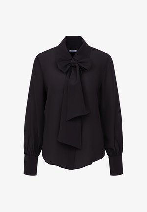 Zwarte blouse van gladde stof met een strik bij de kraag, lange mouwen met manchetten en een licht gebogen zoom.
