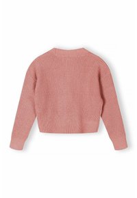 Kortklippt rosa stickad tröja med ett strukturerat mönster, ribbade muddar och fåll. Enkelt mönster med rund halsringning och långa ärmar.