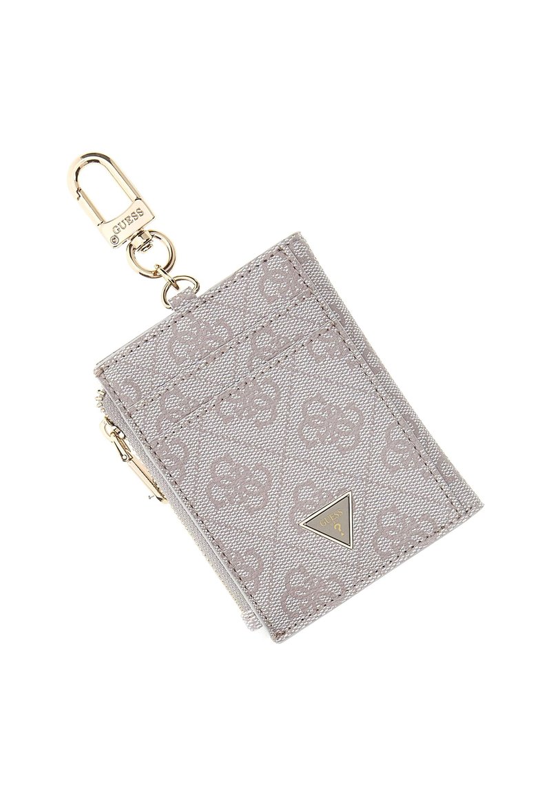 Porta documento grigio chiaro con motivo floreale in rilievo. Presenta una chiusura dorata, un accento a triangolo con logo e un lato con zip per una conservazione sicura.