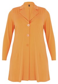 Orangenes Jackett mit langen Ärmeln und Reverskragen, fünf Knöpfen und glatter Textur. Fällt bis zur Mitte des Oberschenkels mit Seitentaschen.