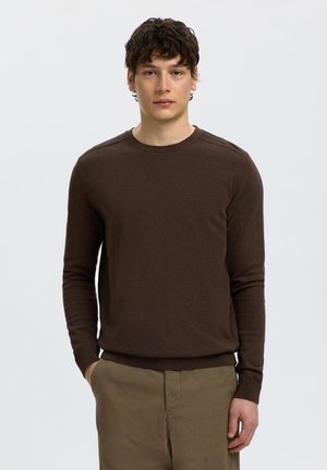 Jeune homme aux cheveux courts et bouclés portant un pull marron à manches longues et un pantalon kaki sur un fond clair uni.