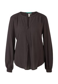Blouse noire à manches longues avec col rond, fente sur le devant, épaules froncées et poignets boutonnés, présentée sur fond blanc.
