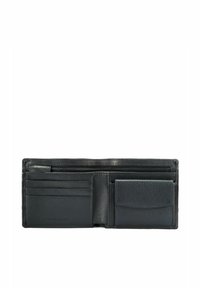 Czarny skórzany portfel o gładkiej teksturze, z wieloma slotami na karty, przegrodą na zamek błyskawiczny i kieszenią na klapkę. Kompaktowy i funkcjonalny design.