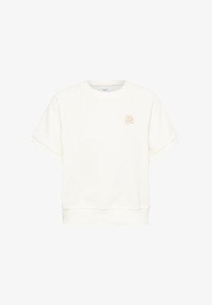 Valge lühikeste varrukatega ümarkaelusega pusa, millel on vasakul rinnal väike beeživärviline tikitud logo ning soonikkoes äärised allääres ja varrukaotstes.