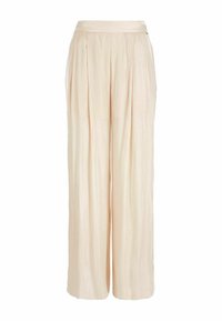 Pantaloni a gamba larga beige chiaro con pieghe, realizzati in un tessuto leggero e liscio, con un design a vita alta per comfort e libertà di movimento.