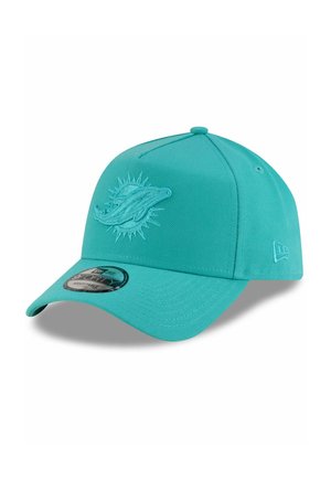 Turquoise baseball cap with embroidered dolphin logo. Structured design, flat brim, adjustable back, and textured fabric. New Era branding on the side.