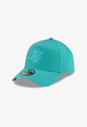 Turquoise baseball cap with embroidered dolphin logo. Structured design, flat brim, adjustable back, and textured fabric. New Era branding on the side.