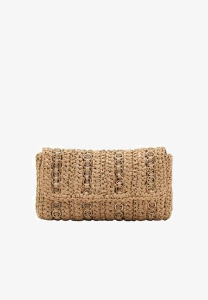 Beige woven clutch bag with chain accents. Features a textured surface and a rectangular shape, secured with a flap closure.