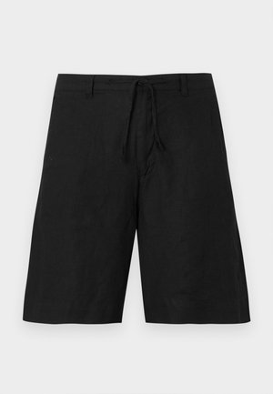 Shorts en lin noir avec une coupe décontractée, taille à cordon de serrage et sans motifs visibles. Le tissu semble léger avec une finition légèrement texturée.
