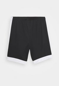 Svarta idrottsshorts med vita mesh-paneler på sidorna och nederkanten. Har en elastisk midja och en mjuk, lätt tygtextur.