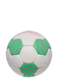 Pallone da calcio con superficie bianca, motivi a diamante verdi e accenti rosa. Presenta una consistenza liscia e un design classico.