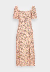Blumen-Midi-Kleid mit quadratischem Ausschnitt, puffigen Ärmeln und einem seitlichen Schlitz. Der Stoff hat einen rosa Hintergrund mit bunten Blumenmustern.