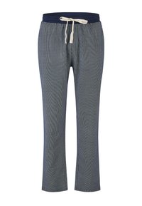 Heren loungebroek in marineblauw met elastische tailleband, witte trekkoord en subtiel textuurpatroon.