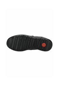 Black rubber shoe sole with textured tread pattern and a central circular red accent. Features grooves for traction and durability.