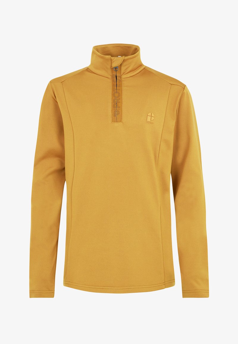 Mosterdgele fleece pullover met een hoge kraag, half rits en subtiele logodetails op de borst. Glad textuur en aangesloten design.