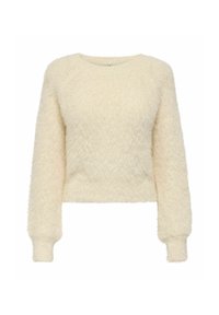 Krótki sweter wykonany z miękkiego, puszystego kremowego materiału z długimi rękawami, prążkowanymi ściągaczami i zaokrąglonym dekoltem. Bez widocznych wzorów ani zdobień.