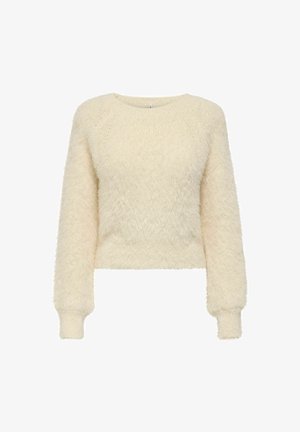 Kurz geschnittener Pullover aus weichem, flauschigem cremefarbenem Material mit langen Ärmeln, gerippten Bündchen und rundem Halsausschnitt. Keine sichtbaren Muster oder Akzente.