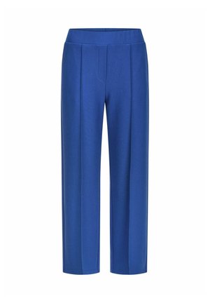 Pantalon droit pour femmes couleur bleue avec taille haute et couture frontale, fabriqué en tissu lisse.