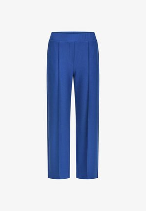 Pantalon droit pour femmes couleur bleue avec taille haute et couture frontale, fabriqué en tissu lisse.