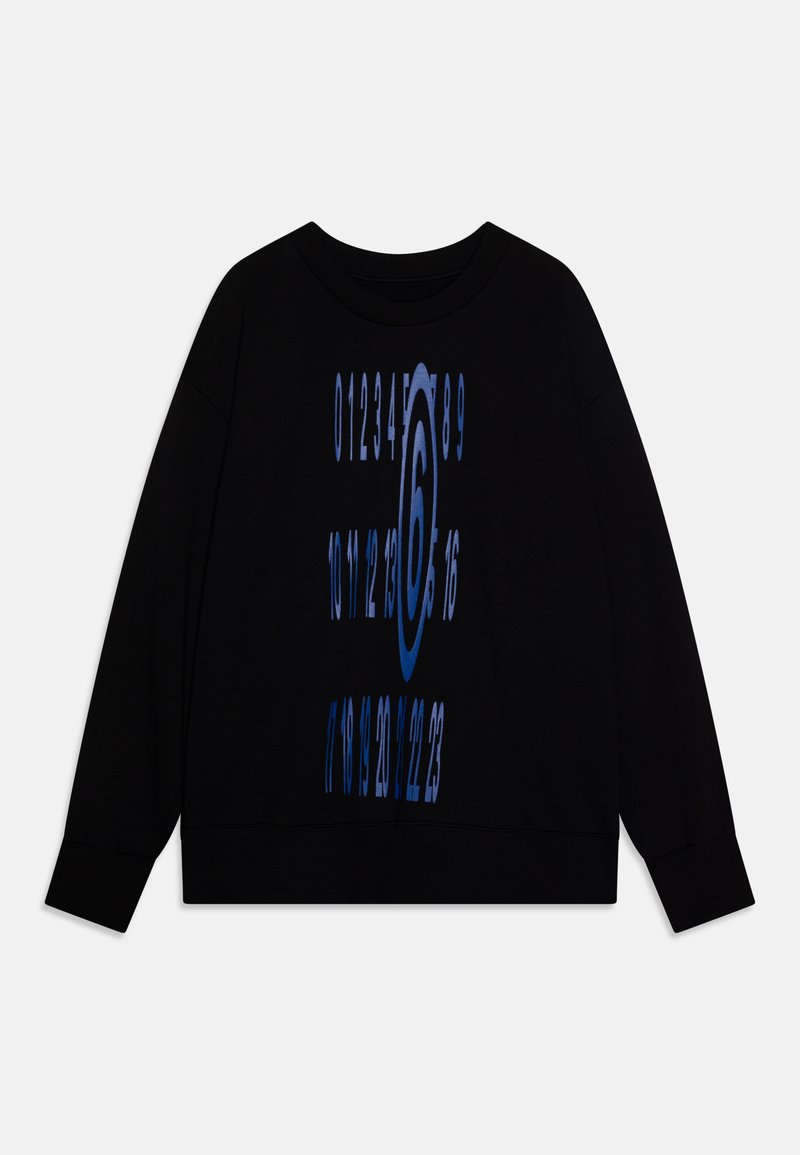 Sweatshirt preto com decote redondo, apresentando números azuis em destaque e um design circular impresso na frente. Tecido macio e corte descontraído.