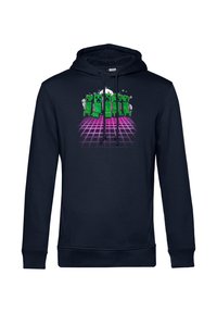 Felpa blu navy con un design grafico di personaggi verdi pixelati su uno sfondo a griglia rosa con accenti bianchi.