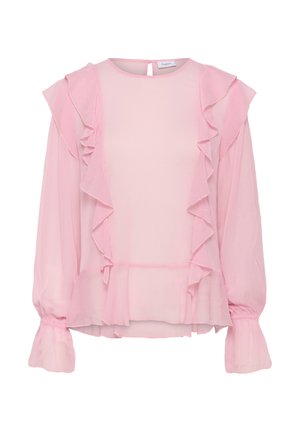 Ljusrosa blus med volangdetaljer på ärmarna och fram. Transparent tyg med avslappnad passform och resårade ärmslut. Nyckelhål-stängning bak.